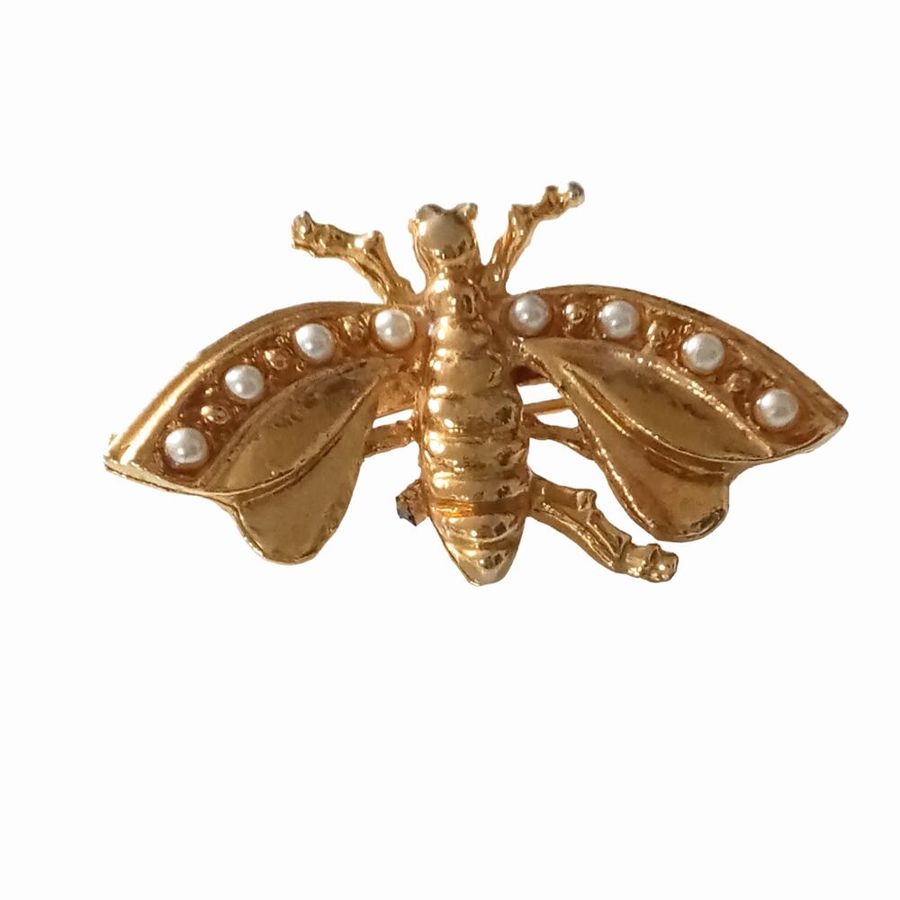 Vintage Butterfly Brooch Faux Pearl Gold Tone Whimsical Quirky Gift VTG